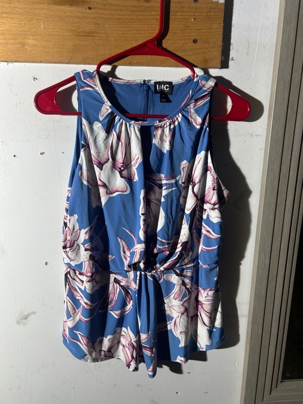 INC International Concepts Blue Floral Tie-Waist Sleeveless Top